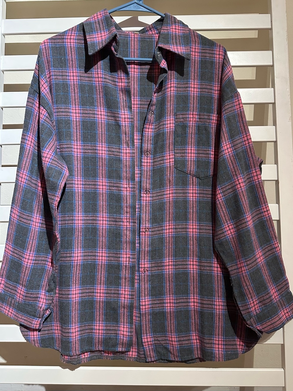 Women's L Pink Gray Plaid Button Down Shirt